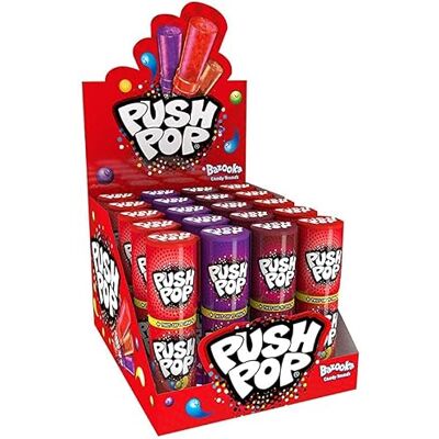 Candy Bazooka Push Pop Lecca Lecca espositore assortito in 3 gusti: Cola, Fragola e Lampone Lollipop da 15. grammi in expo da 20 pezzi Candy Bazooka Push Pop Lecca Lecca espositore assortito in 3 gusti: Cola, Fragola e Lampone Lollipop da 15. grammi in expo da 20 pezzi