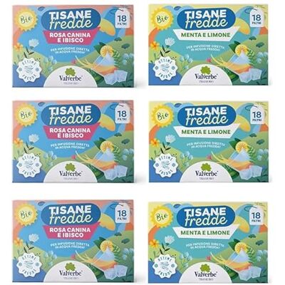 VALVERBE Mix Tisane fredde gustose: 3 Rosa Canina e Ibisco 3 Menta e Limone 18 Filtri Pacco da 6-172,80 g VALVERBE Mix Tisane fredde gustose: 3 Rosa Canina e Ibisco 3 Menta e Limone 18 Filtri Pacco da 6-172,80 g