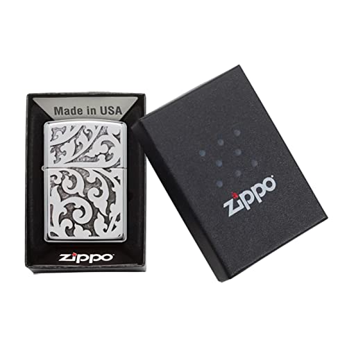 Zippo Filigree, Accendino Antivento Ricaricabile, Realizzato in Metallo con Caratteristico Click, Made in USA, Ottima Idea Regalo, Ottone, Cromato, 5.70 x 3.70 x 1.20 cm