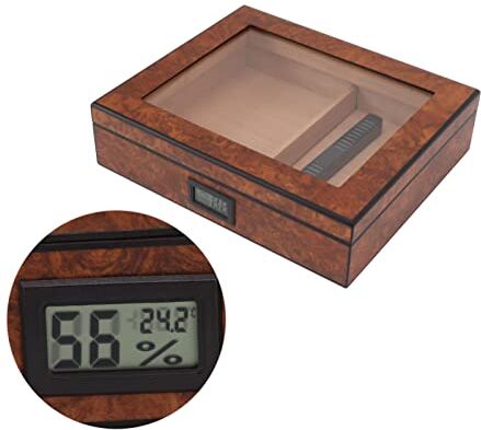 STARNOONTEK Humidor Per Sigari Fatto a Mano, Custodia Per Sigari Portatile Impermeabile con Coperchio in Legno di Cedro E Vetro con Igrometro Digitale Marrone