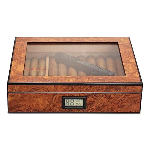 Generic Humidor per sigari con piano in vetro, scatola per sigari in legno di cedro da tavolo con umidificatore igrometro e divisore, contiene 20-30 sigari