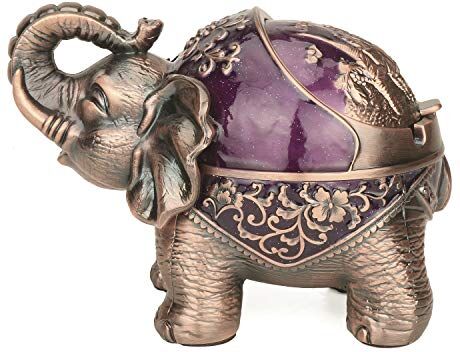 LAUYOO Posacenere decorativo a forma di elefante, con coperchio, per sigarette, in metallo, per fumatori, antivento, posacenere per interni ed esterni, ornamento per uomini e donne (viola scuro)