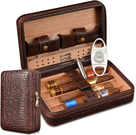 Volenx Humidor Sigari, Umidificatore Sigari in Pelle, Humidor da Viaggio con Tagliasigari per 4 Sigari, Regali per Uomo (Sigaro Non Incluso)