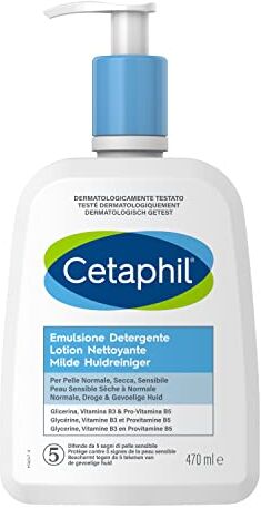 Cetaphil Emulsione Detergente Viso e Corpo, per Pelle Normale, Sensibile, Secca e Intollerante, Idrata fino a 4 Giorni, Senza Profumo, Formato 470 ml