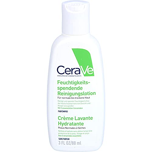 CeraVe Lozione detergente idratante per pelli normali e secche, pulizia delicata per corpo e viso, con 3 ceramidi essenziali e acido ialuronico, 88 ml