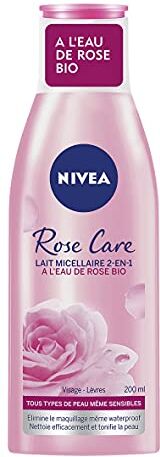 NIVEA Latte micellare 2 in 1 Rosa Care (1 x 200 ml), Latte detergente per il trucco con acqua di rosa biologico per tutti i tipi di pelle, detergente viso e labbra struccante e tonificante