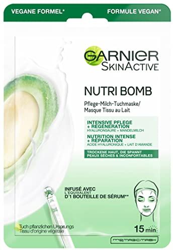 Garnier Maschera in panno maschera viso per pelle secca ed eccitante, cura intensiva e rigenerazione, formula vegana con latte di mandorle e acido ialuronico, Nutri Bomb, 28 g