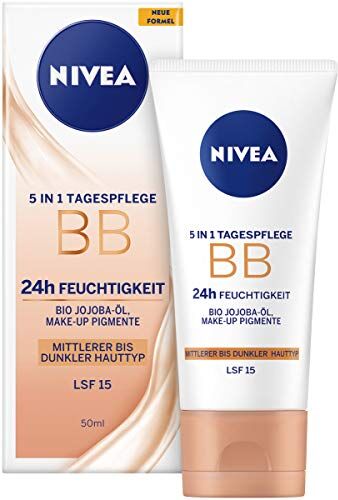 NIVEA BB crema 5 in 1 giorno 24 ore di umidità (50 ml), BB Cream per pelli medio-scure con SPF 15, crema da giorno colorata con olio di jojoba biologico e pigmenti per il trucco