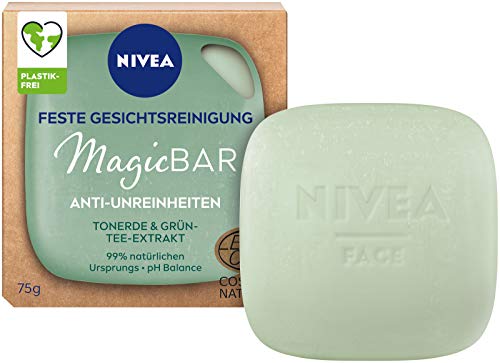 NIVEA MagicBar Detergente per il viso solido, con azione anti-impurità (da 75 g), pulisce e opacizza la pelle, cosmetico naturale certificato con argilla ed estratto di tè verde