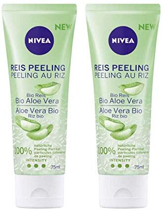 NIVEA Reis Peeling Bio Aloe Vera, set da 2, 100% di riso naturale biologico, per pelli normali e miste di pelle, crema viso senza microplastica, alta intensità peeling, 2 x 75 ml