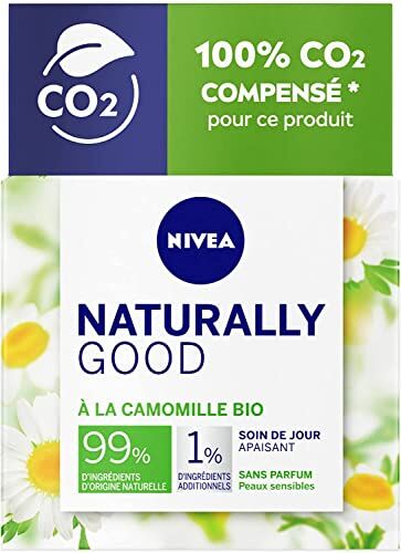 NIVEA NATURALLY GOOD Cura per il giorno pelli sensibili, 50 ml, trattamento viso con 99% di ingredienti di origine naturale, crema da giorno arricchita con camomilla biologica