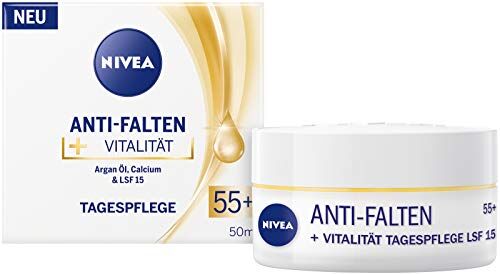 NIVEA Anti-Falten + Vitalität Tagespflege LSF 15 55+ (50 ml), Gesichtscreme mit Argan Öl und Calcium, Tagescreme mildert Linien und Falten sichtbar