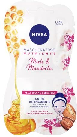 NIVEA Maschera Nutriente Intensiva 3 x 15 ml ciascuno, Maschera viso con Estratto di Miele, Olio di Mandorle e Hydra IQ, Maschera pelli sensibili, secche e stressate