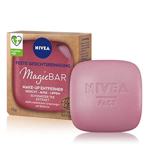 NIVEA MagicBAR Detergente per il viso fisso, per viso, occhi e labbra, cosmetico naturale certificato con estratto di tè nero, 75 g