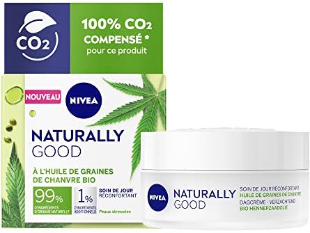 NIVEA NATURALLY GOOD Cura giorno confortante (1 x 50 ml), trattamento viso con olio di semi di canapa biologico, crema da giorno lenitiva per pelli stressate