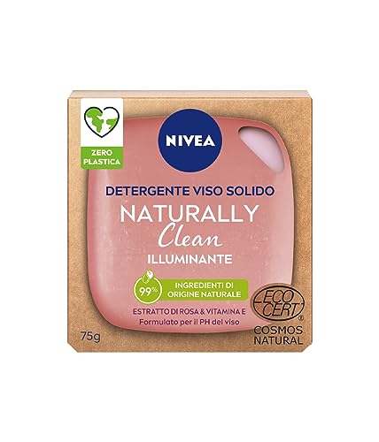 NIVEA NATURALLY CLEAN Detergente Viso Solido Illuminante 75 g, Detergente solido 99% naturale con Vitamina E ed Estratto di Rosa, Detergente naturale con formula vegana