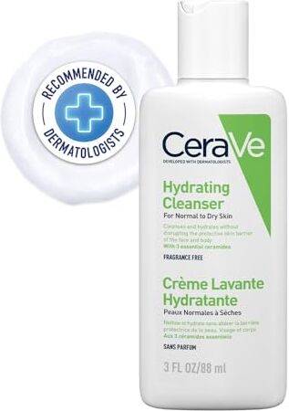 CeraVe Lozione detergente idratante per pelli normali e secche, pulizia delicata per corpo e viso, con 3 ceramidi essenziali e acido ialuronico, 88 ml