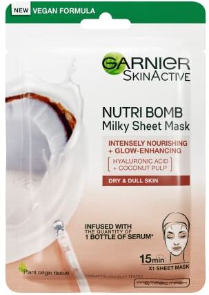 Garnier Nutri Bomb Maschera in foglio di latte, con cocco e acido ialuronico per pelli idratate, nutrienti intensamente e ripristinanti, tessuto vegano