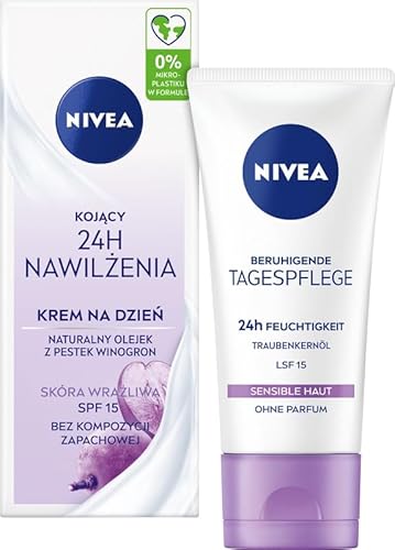 NIVEA Beruhigende Tagespflege 24h Feuchtigkeit LSF 15, parfumfreie Gesichtscreme für sensible Haut, zarte Tagescreme mit Traubenkernöl