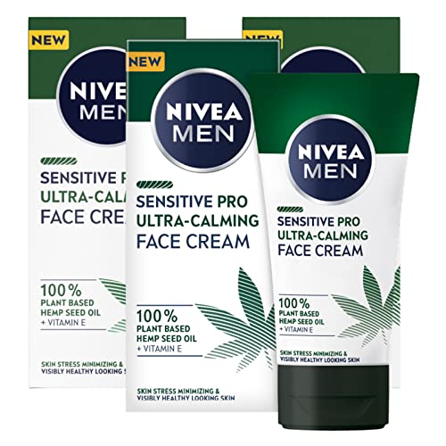 NIVEA Men Sensitive Pro Crema Viso da Uomo Formula Vegan Ultra-Calming con Olio di Semi di Canapa e Vitamina E ad Azione Idratante ed Anti-Stress Texture ad Assorbimento Rapido 3 Flaconi da 75ml
