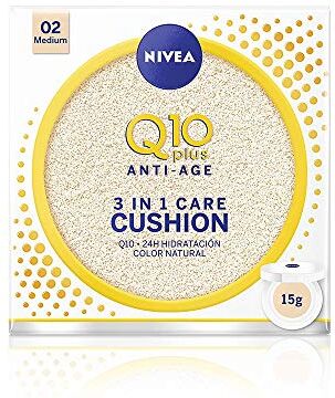 NIVEA Q10 3en1 Cushion Tono Medio (1 x 15 ml), perfeccionador facial, cuidado facial hidratante y antiedad con protector facial 15 para una piel uniforme y natural