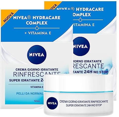 NIVEA Crema Giorno Rinfrescante Super Idratante 24H No Stop Formula Vegan Delicata con HydraCare Complex e Vitamina E ad Assorbimento Rapido per Pelli da Normali a Miste 2 Barattoli da 50ml