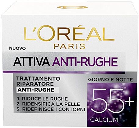 L'ORÉAL Paris Attiva Antirughe 55+ Crema Viso Donna Antirughe Riparatrice Giorno e Notte con Calcium, 50 ml