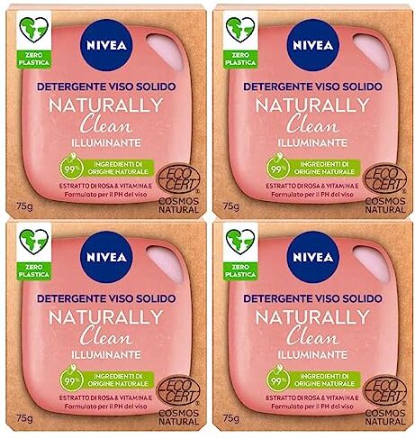 NIVEA Naturally Clean Detergente Solido Viso Illuminante con Estratto di Rosa e Vitamina E Formula Vegan con Ingredienti 99% di Origine Naturale 4 Saponette da 75g