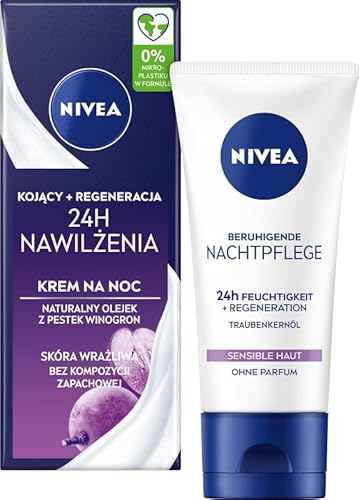 NIVEA Beruhigende Nachtpflege 24h Feuchtigkeit + Regeneration, parfumfreie Gesichtscreme für sensible Haut, zarte Nachtcreme mit Traubenkernöl