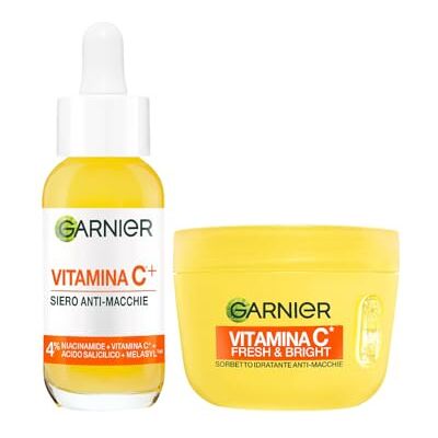 Garnier Routine Anti-Macchie: Siero Vitamina C Viso Potenziato con Niacinamide e Melasyl 30ml e Fresh & Bright Sorbetto Vitamina C Crema Viso Idratante Ultra Leggera 85ml Garnier Routine Anti-Macchie: Siero Vitamina C Viso Potenziato con Niacinamide e Melasyl 30ml e Fresh & Bright Sorbetto Vitamina C Crema Viso Idratante Ultra Leggera 85ml