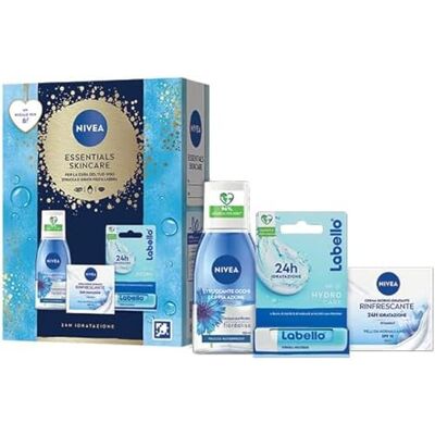 NIVEA Essentials Skincare Kit cofanetto regalo donna, Set regalo donna con Crema Viso Idratante Rinfrescante 50 ml, Struccante Occhi Doppia Azione 125 ml e Burrocacao Labbra Labello Hydro Care 4.8 g NIVEA Essentials Skincare Kit cofanetto regalo donna, Set regalo donna con Crema Viso Idratante Rinfrescante 50 ml, Struccante Occhi Doppia Azione 125 ml e Burrocacao Labbra Labello Hydro Care 4.8 g