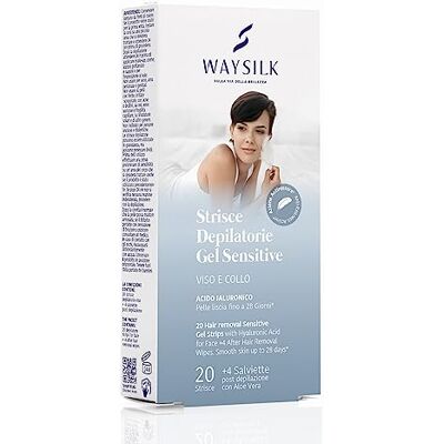 WAYSILK Strisce Depilatorie Viso e Collo Gel Sensitive, Per Pelli Sensibili, Con Acido Ialuronico, 20 Strisce + 4 Salviette Post Depilazione Con Aloe Vera WAYSILK Strisce Depilatorie Viso e Collo Gel Sensitive, Per Pelli Sensibili, Con Acido Ialuronico, 20 Strisce + 4 Salviette Post Depilazione Con Aloe Vera