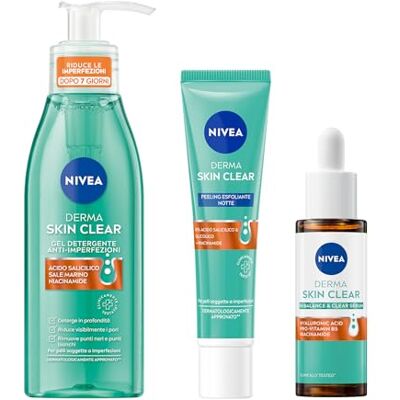 NIVEA Derma Skin Clear Kit Skincare Anti-imperfezioni, Set 3 Prodotti Kit Skincare: Gel Detergente Viso Derma Skin Clear, Peeling Notte Esfoliante e Siero Viso Perfezionante & Riequilibrante NIVEA Derma Skin Clear Kit Skincare Anti-imperfezioni, Set 3 Prodotti Kit Skincare: Gel Detergente Viso Derma Skin Clear, Peeling Notte Esfoliante e Siero Viso Perfezionante & Riequilibrante