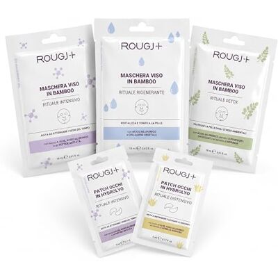 Rougj BEAUTY RITUALS 3 Maschere Viso in Bamboo Biodegradabile + 2 Patch Occhi in Hydrolyo all’Aloe – Trattamento Completo Anti Occhiaie e Borse Effetto Levigante Contorno Occhi Made in Italy Rougj BEAUTY RITUALS 3 Maschere Viso in Bamboo Biodegradabile + 2 Patch Occhi in Hydrolyo all’Aloe – Trattamento Completo Anti Occhiaie e Borse Effetto Levigante Contorno Occhi Made in Italy