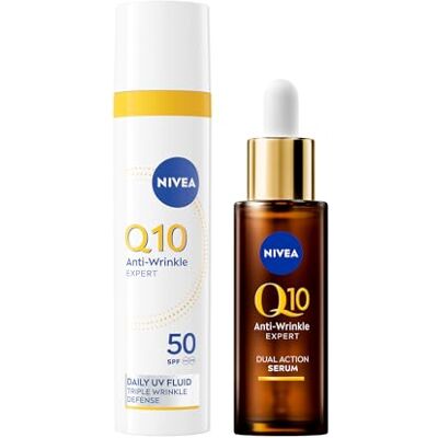 NIVEA Q10 Expert Skincare Kit Anti-Rughe, Set skincare completo con Siero Viso Doppia Azione 30 ml e Fluido UV Quotidiano Crema Viso SPF 50 40 ml per una pelle protetta e dall'aspetto più giovane NIVEA Q10 Expert Skincare Kit Anti-Rughe, Set skincare completo con Siero Viso Doppia Azione 30 ml e Fluido UV Quotidiano Crema Viso SPF 50 40 ml per una pelle protetta e dall'aspetto più giovane