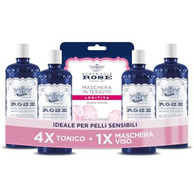 Acqua alle Rose , Tonico Viso con Acqua Distillata Alle Rose, Formula Rinfrescante con Proprietà Idratanti, Tonificanti e Lenitive, Rende la Pelle Giovane ed Elastica, 4 Flaconi da 300 ml Acqua alle Rose , Tonico Viso con Acqua Distillata Alle Rose, Formula Rinfrescante con Proprietà Idratanti, Tonificanti e Lenitive, Rende la Pelle Giovane ed Elastica, 4 Flaconi da 300 ml