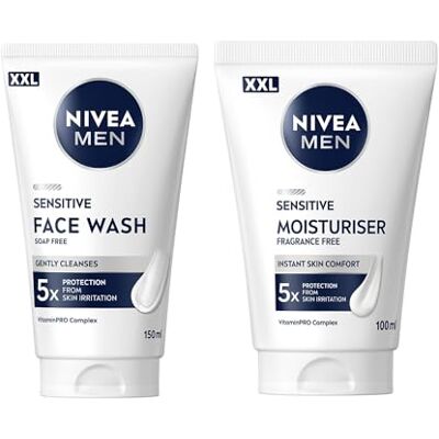 NIVEA MEN Skincare Kit Sensitive XXL, Set skincare con Crema Idratante Uomo XXL 100 ml e Gel Detergente Viso XXL 150 ml in maxi formato per 5x protezione dalle irritazioni della pelle sensibile NIVEA MEN Skincare Kit Sensitive XXL, Set skincare con Crema Idratante Uomo XXL 100 ml e Gel Detergente Viso XXL 150 ml in maxi formato per 5x protezione dalle irritazioni della pelle sensibile