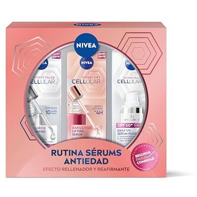 NIVEA Cellular Pack Rutine Siero Antietà Effetto Riempitore e Rassodante, Siero Riempitore Acido Ialuronico (1 x 30 ml) + Siero Lift Bakuchiol (1 x 30 ml) + Siero Fluido SPF50+ (1 x 30 ml) NIVEA Cellular Pack Rutine Siero Antietà Effetto Riempitore e Rassodante, Siero Riempitore Acido Ialuronico (1 x 30 ml) + Siero Lift Bakuchiol (1 x 30 ml) + Siero Fluido SPF50+ (1 x 30 ml)