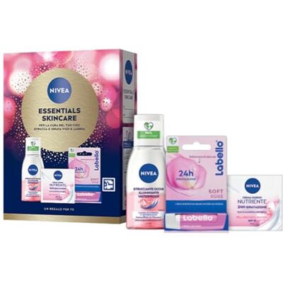 NIVEA Essentials Skincare Kit cofanetto regalo donna, Set regalo donna con Crema Viso Idratante Nutriente 50 ml, Struccante Occhi Waterproof 125 ml e Burrocacao Labbra Labello Soft Rosé 4.8 g NIVEA Essentials Skincare Kit cofanetto regalo donna, Set regalo donna con Crema Viso Idratante Nutriente 50 ml, Struccante Occhi Waterproof 125 ml e Burrocacao Labbra Labello Soft Rosé 4.8 g