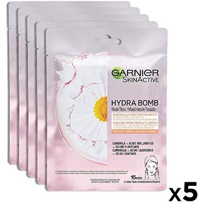 Garnier SkinActive, Maschera in tessuto super-idratante e lenitiva Hydra Bomb, Per pelli secche e sensibili, Camomilla, Confezione da 5 Garnier SkinActive, Maschera in tessuto super-idratante e lenitiva Hydra Bomb, Per pelli secche e sensibili, Camomilla, Confezione da 5