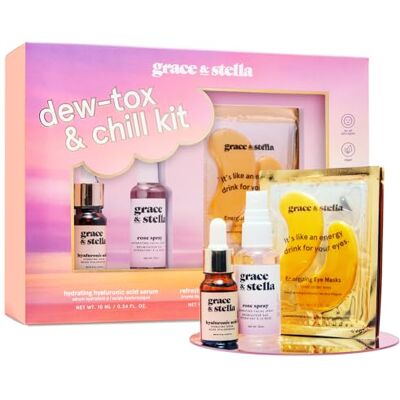 grace & stella Set Regalo Donna Dew-Tox & Chill – Kit Skincare Viso Completo con Patch Occhi Oro, Siero all’Acido Ialuronico e Spray all’Acqua di Rosa – Regalo Donna Compleanno, San Valentino grace & stella Set Regalo Donna Dew-Tox & Chill – Kit Skincare Viso Completo con Patch Occhi Oro, Siero all’Acido Ialuronico e Spray all’Acqua di Rosa – Regalo Donna Compleanno, San Valentino