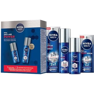 NIVEA MEN Anti-Age Power Routine Giorno & Notte, Skincare Kit con siero viso uomo Anti-Age Power Serum 30 ml e crema viso uomo Anti-Age Power Cream 2in1 SPF30 50 ml con Thiamidol brevettato NIVEA MEN Anti-Age Power Routine Giorno & Notte, Skincare Kit con siero viso uomo Anti-Age Power Serum 30 ml e crema viso uomo Anti-Age Power Cream 2in1 SPF30 50 ml con Thiamidol brevettato