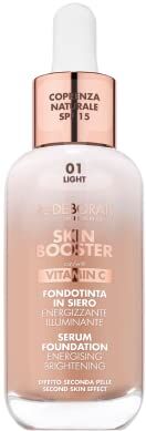 DEBORAH Milano Skin Booster Fondotinta in Siero SPF 15, N.1 Light, Energizzante e Illuminante, con Vitamina C, Effetto Naturale, Uniforma l'Incarnato, 30 ml