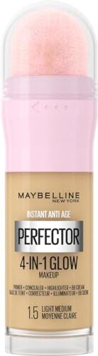 Maybelline New York Fondotinta Perfezionante Instant Perfector 4-in-1 Glow, Minimizza, Corregge, Uniforma e Illumina, Finish Luminoso Senza Imperfezioni, 20 ml, Tonalità: 1.5 Light-Medium