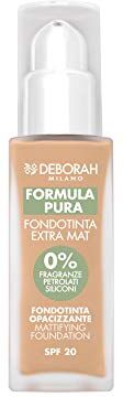 Deborah Milano Fondotinta Formula Pura Extra Mat SPF 20 con Ingredienti Naturali, 03 Sand, Effetto Opacizzante e Anti-lucidità e Seboregolatore, Dona una Pelle Levigata e Matte, 30 ml