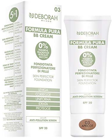 Deborah Milano BB Cream Formula Pura SPF 20 con Ingredienti Naturali, 03 Apricot, Effetto Nutriente, Antiossidante e Anti-luce Blu, Dona una Pelle Levigata e Nutrita, 30 ml