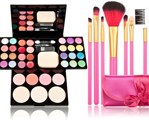 Base Set TimeSong con palette di trucchi professionali (include: ombretto, fard, fondotinta in polvere e lucidalabbra) + set di pennelli per il trucco (7 pennelli rosa).