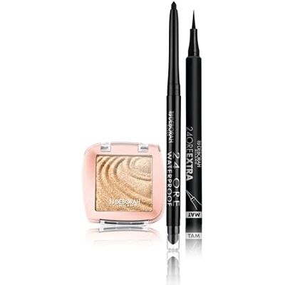 DEBORAH Milano Set Makeup Matita Occhi 24 Ore Automatica Waterproof 01 Black, Ombretto Color Lovers 03 Super Gold, Cremoso Long Lasting, e Penna Eyeliner 24 Ore Extra Mat, Lunga Tenuta DEBORAH Milano Set Makeup Matita Occhi 24 Ore Automatica Waterproof 01 Black, Ombretto Color Lovers 03 Super Gold, Cremoso Long Lasting, e Penna Eyeliner 24 Ore Extra Mat, Lunga Tenuta