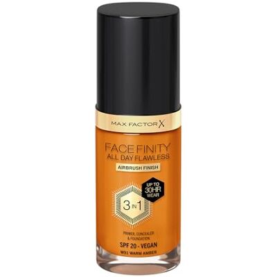 Max Factor Fondotinta Facefinity All Day Flawless – Correttore, Fondotinta liquido e primer viso 3-in-1, Formula vegan, Copertura modulabile, Tenuta fino a 30 ore, SPF20 – W91 Warm Amber, 30 ml Max Factor Fondotinta Facefinity All Day Flawless – Correttore, Fondotinta liquido e primer viso 3-in-1, Formula vegan, Copertura modulabile, Tenuta fino a 30 ore, SPF20 – W91 Warm Amber, 30 ml