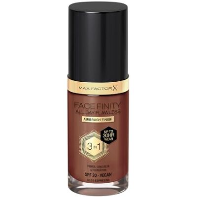 Max Factor Fondotinta Facefinity All Day Flawless – Correttore, Fondotinta liquido e primer viso 3-in-1, Formula vegan, Copertura modulabile, Tenuta fino a 30 ore, SPF20 – C110 Espresso, 30 ml Max Factor Fondotinta Facefinity All Day Flawless – Correttore, Fondotinta liquido e primer viso 3-in-1, Formula vegan, Copertura modulabile, Tenuta fino a 30 ore, SPF20 – C110 Espresso, 30 ml